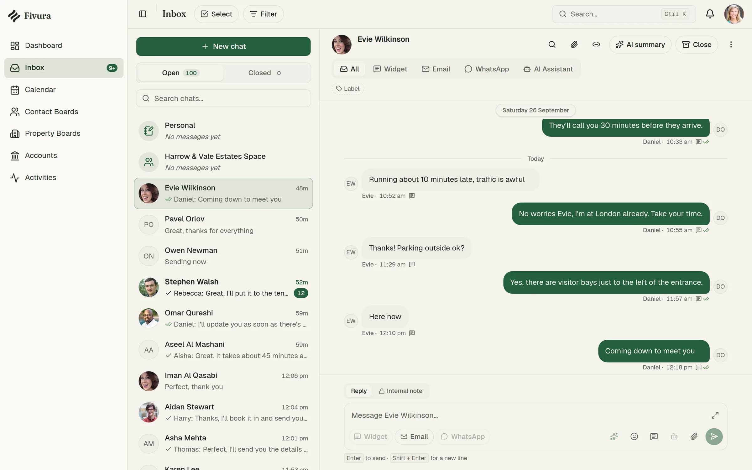 Fivura unified inbox for estate agents with website chat, email and WhatsApp