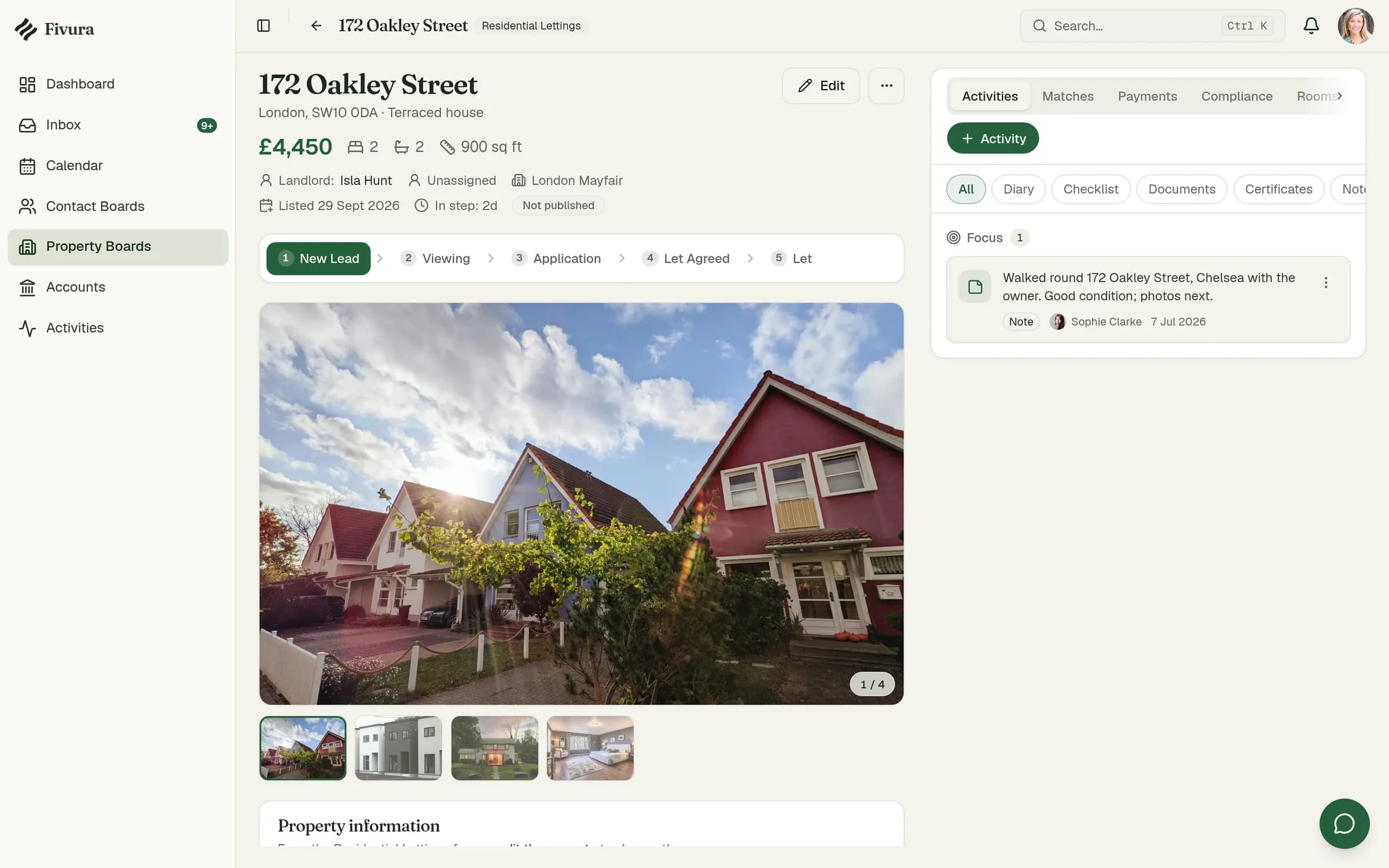 Fivura property record with lettings pipeline steps, photos and landlord