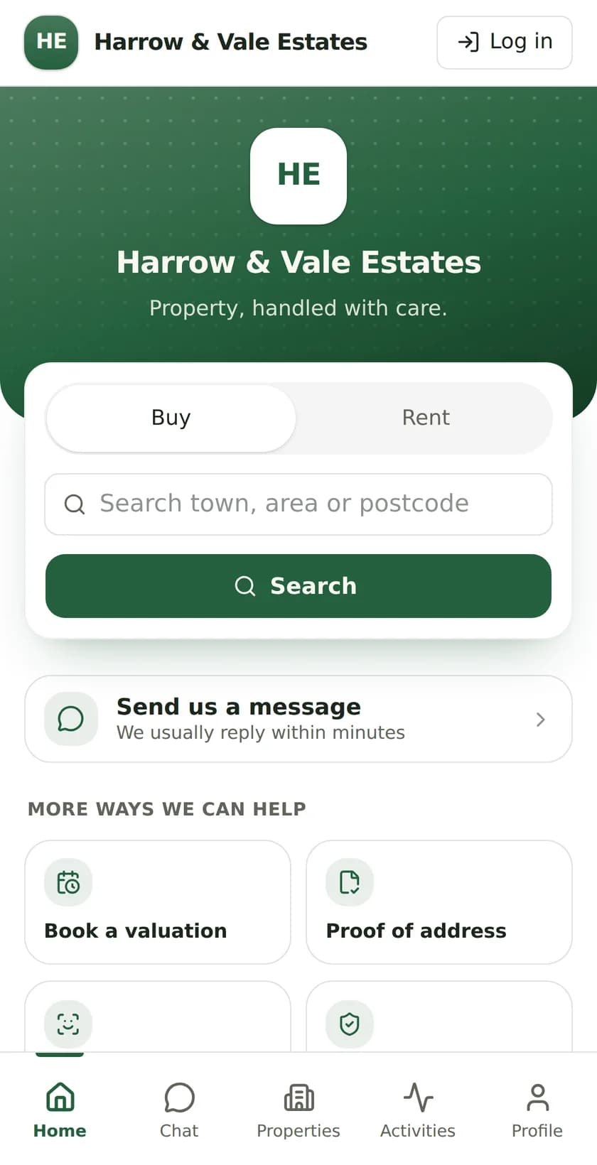 Fivura client widget on a phone with property search, chat and valuation booking