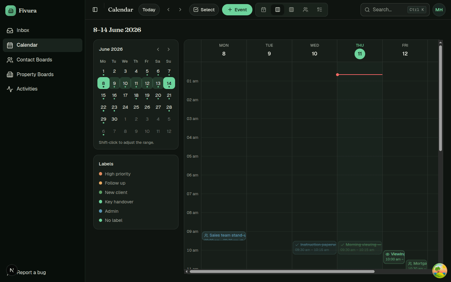 Fivura calendar showing a week of viewings, inspections and deadlines