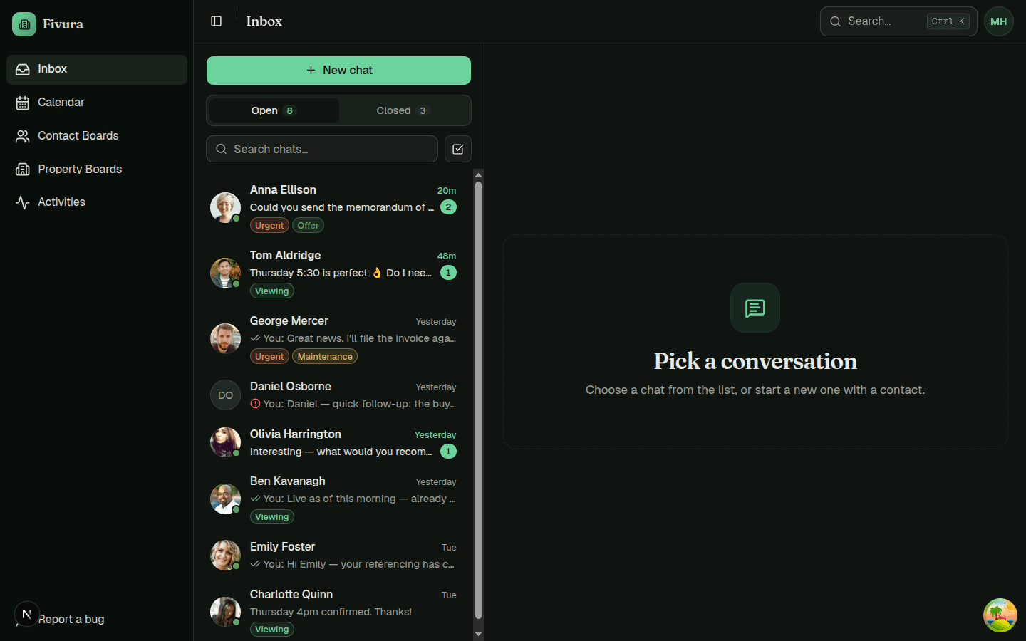 Fivura unified inbox showing tenant and owner conversations