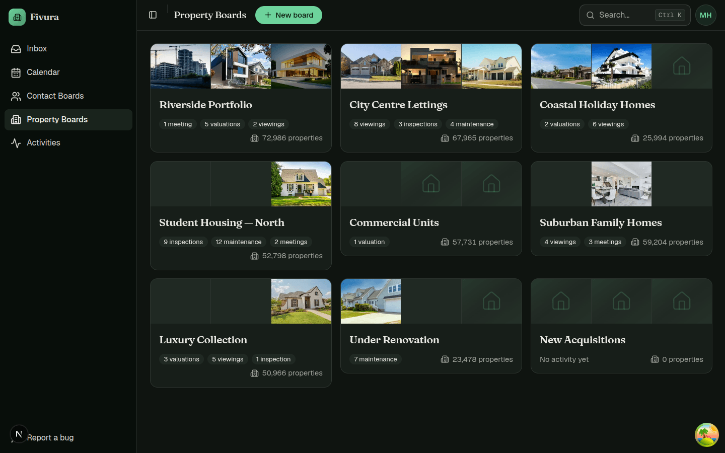 Fivura property boards organising a portfolio into themed boards